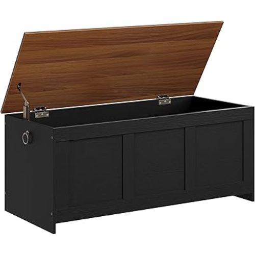 HOOBRO Storage Bench, 47.2" Retro Wooden Storage Chest, Wooden Storage Trunk, Toy Chest with Lift Top, Multifunctional Entryway Organizer, for Entryway, Living Room, Black and Walnut BH412CW01