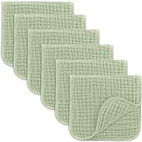 Comfy Cubs Muslin Burp Cloths Set Large 100% Cotton Hand Washcloths for Babies, Baby Essentials 6 Layers Extra Absorbent and Soft Boys & Girls Baby Bibs & Burp Cloths Set (Sage, 6-Pack, 20" X10")