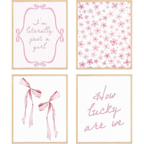 Nounbox Pink Coquette Bows Unframed Wall Art Prints - Pink Bow Decor for Girls Room,Pink Bow Poster Set,Preppy Wall Decor,Pink Bows Wall Art Decor,Preppy Girls Room Decor,8x10 Set of 4