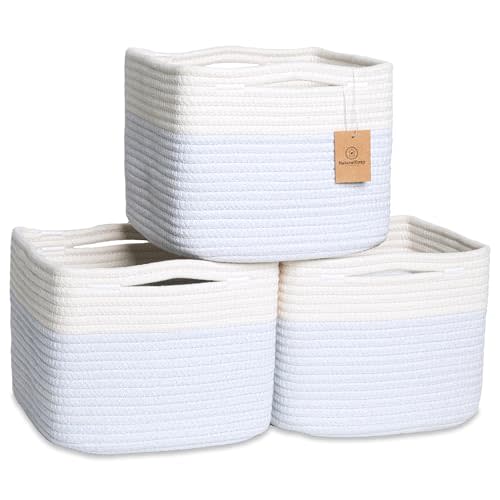 NaturalCozy Storage Cubes 9”x9”x7”Cotton Rope Woven Baskets for Organizing 3-Pack | 9 Inch Cube Storage Bin | Small Basket for Shelf Nursery, Pantry, Decorative Plant, Bathroom Closet, Toy Gift