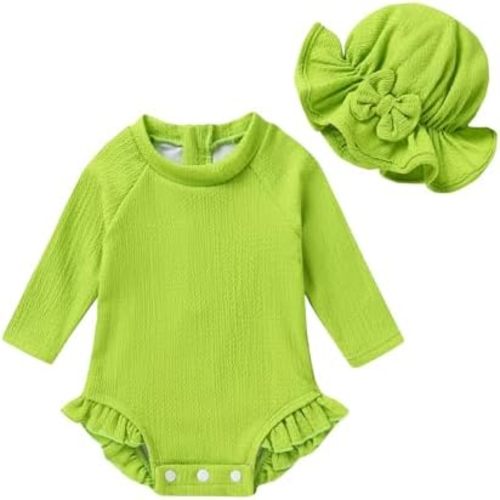 YOUNGER TREE Infant Baby Girls Swimsuit Long Sleeve Swimsuits One Piece Swimsuit Solid Color Bathing Suit with Hat, UPF 50+