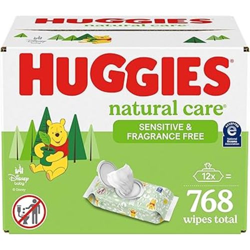 Huggies Natural Care Sensitive Baby Wipes, Unscented, Hypoallergenic, 99% Purified Water, 12 Flip-Top Packs (768 Wipes Total)