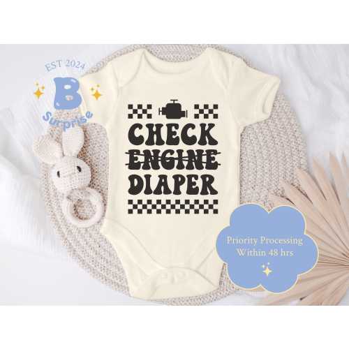 Check Engine Diaper Onesie® | Funny Baby Bodysuit | Car Theme Infant Outfit | Natural Color Romper | Baby Shower Gift Idea
