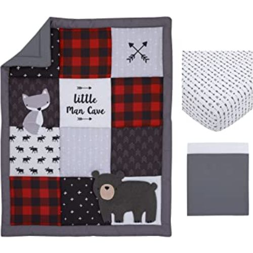 NoJo Little Man Cave Grey, Red, Black & Ivory, Bear, Fox, Moose, Buffalo Check & Arrows Rustic 3Piece Nursery Crib Bedding Set - Comforter, Fitted Crib Sheet & Crib Skirt, Grey, Red, Black, Ivory