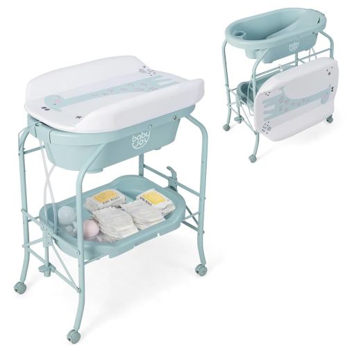BABY JOY Baby Bathtub with Changing Table, Foldable Infant Diaper Changing Station with Storage Tray, Waterproof Pad, Portable Newborn Nursery Organizer Bath Stand with 4 Universal Wheels (Blue)