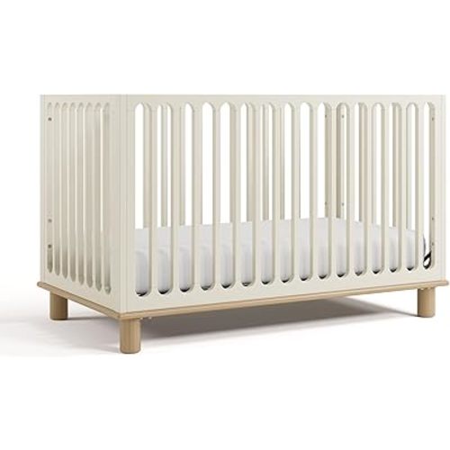 Storkcraft Sicily Deluxe 3-in-1 Convertible Crib with Bonus Toddler Guardrail (Frosted Oat with Driftwood) – GREENGUARD Gold Certified, Toddler Safety Guardrail Included, Fits Standard Crib Mattress