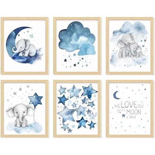 97 Decor Baby Girl Elephant Nursery Decor - Baby Boy Room Decorations for Nursery Wall Decor, Blue Moon and Stars Nursery Art Prints, Cute Elephant Poster Animal Picture for Bedroom (8x10 UNFRAMED)