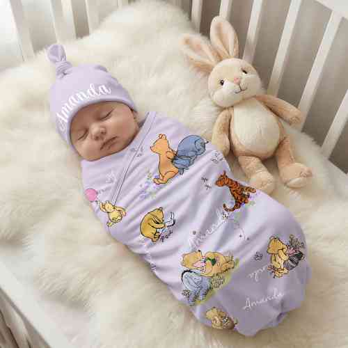 Personalized Name Classic Winnie the Pooh Receiving Blanket with Beanie, Swaddle & Hat Set for Baby Girl/Boy, Birthday/Baby Shower Gift for Newborns