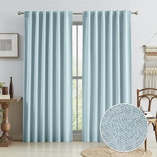 Thermal Insulated Blackout Linen Curtain Panels 90 Inches Long, Totally Shaded Draperies for Dining Room, Soundproof Privacy Window Drapes for Bedroom, Light Sky Blue, 50"W x 90"L, 2 PCs