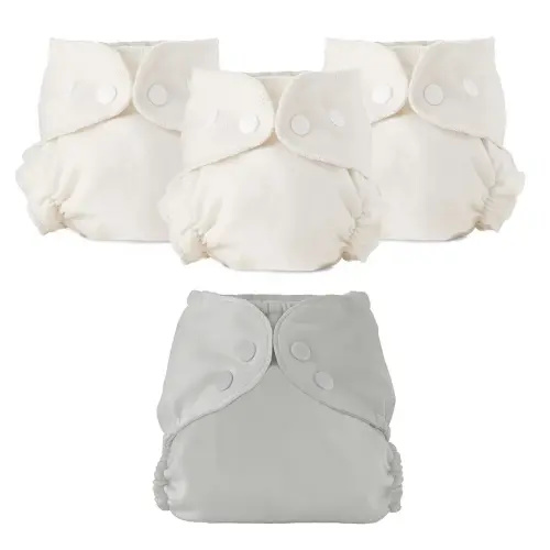 Esembly Cloth Diaper Bundle Set - 3 Organic Cotton Absorbent Inners and 1 Waterproof Outer Diaper Cover - Reusable, Washable, Snap Closure Cloth Diapers - Size 1 (7-17lbs), Dove