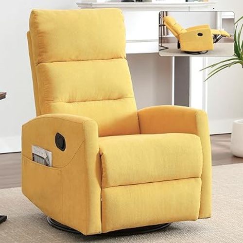 Luxlen Recliner Chair, Fabric Swivel Glider Recliner Chair, Max Swivel Degree 360°, Heavy Duty Motion Mechanism with Side Pockets, Yellow