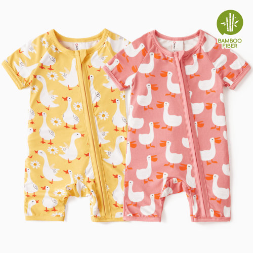 PatPat Bamboo Baby Rompers, Zipper Short Sleeve Sleepwear, 2-Pack for 0-24 Months