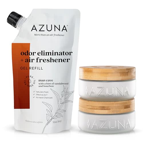 Azuna Air Freshener & Odor Eliminator for Strong Odor | 2 Room Kit Includes (2) Empty Luxe Glass Jar & 12oz Gel Refill with Tea Tree Essential Oil | Sandalwood Scent | Last 60-90 Days