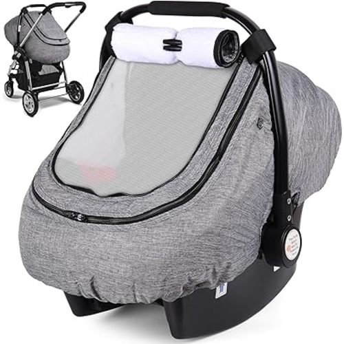 Rquite Car Seat Cover Baby, Winter Carseat Covers Baby Boy Girl, Waterproof Infant Car Seat Cover, Warm Cozy Baby Carrier Cover, Newborn Cold Weather Shield Car Seat Canopy with 2 Layers Window, Grey