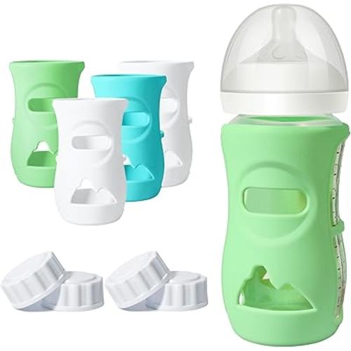 4 Pack Silicone Sleeves for Philips Avent Glass Bottle Food Grade Silicone Bottle Cover and 4pcs Travel Bottle Caps, Bottle Lids Replacement (White+Blue+Green, 8oz)