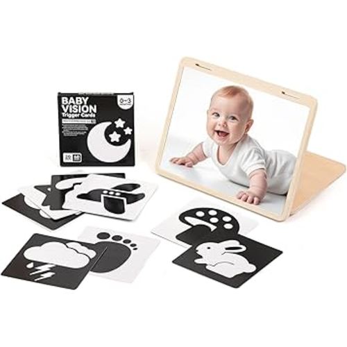 Tummy Time Play Set Adjustable Angle, Double-Sided Design, Montessori Tummy Time Toys Large Baby Safe Mirror and Card Display Stand with Black and White High Contrast Baby Cards