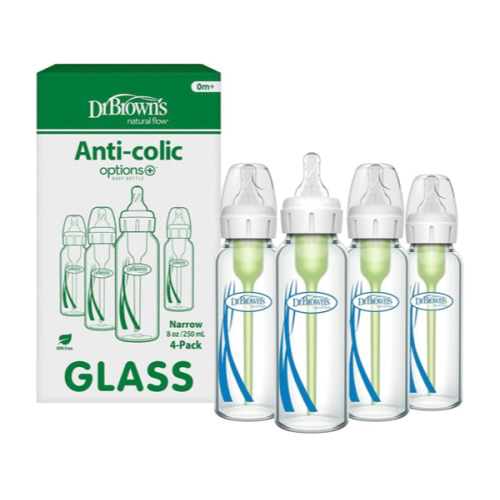 Dr. Brown's Natural Flow Anti-Colic Options+ Narrow Glass Baby Bottle 8 oz/250 mL, with Level 1 Slow Flow Nipple, 4 Pack, 0m+