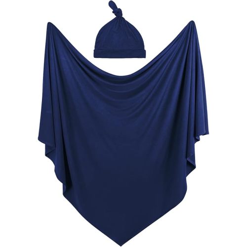 OWLOWLA Swaddle Blanket and Hat Set Newborn Swaddle Wrap Baby Receiving Blanket for Baby Boys Girls(Navy)