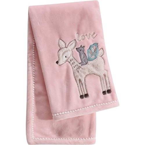 Levtex Baby - Everly Plush Blanket - Appliqued and Embroidered Deer and Squirrel on Pink Plush - Love - Nursery Accessories - Blanket Size: 30 x 40 in.