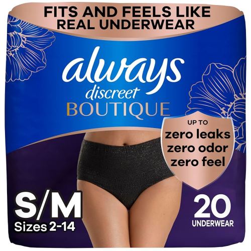 Always Discreet Boutique Incontinence and Postpartum Underwear for Women, Maximum Protection, S/M, Black, 20 Count (Packaging May Vary)