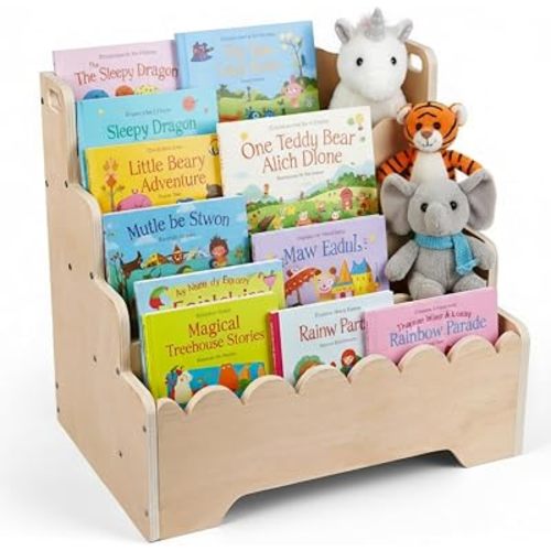 Montessori Kids Floor Bookshelf, 4-Tier Scalloped Toddler Wooden Bookcase