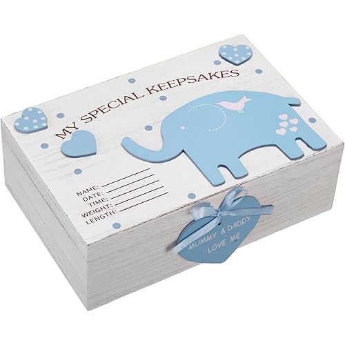Wooden Baby Boys Memories Keepsake Box Baby Girls Elephant First Keepsake Box New Parent Newborn Baptismal Birthday Gift for Mementos 11.81'' x 7.87'' x 3.94''(Blue)