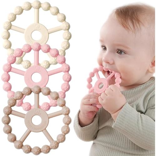 3 Pack Ring Teether Baby Infant Toys, Silicone Teething Ring Toys for Babies 0-6 Months, Seposeve Baby Teethers 6-12 Months 12-24 Months, Easy to Grasp Toy, Baby Teething Relief, White Pink Coffee
