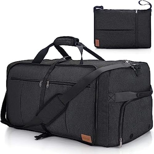 80L Large Duffle Bag for Travel, 26' Travel Duffel with Shoe Compartment, Foldable Collapsible Overnight Gym Weekender Bag for Men Women, Waterproof & Tear Resistant (Black, 80L)