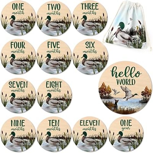 Huray Rayho Duck Cards Mallard Baby Wooden Disc Marker Mallard Duck Nursery Gift Hunting Card Birth Stat Sign Birth Start Sign Photo Prop