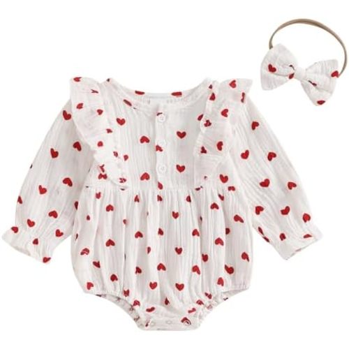 Muasaaluxi Newborn Baby Girl Valentines Day Outfit Ruffle Long Sleeve Heart Romper Cotton Linen Bodysuit Headband 0-18M