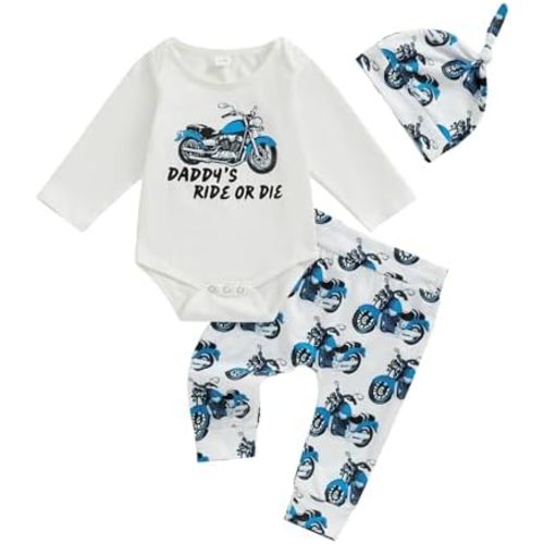 Newborn Baby Boy Clothes Infant Motorcycle Funny Letter Print Romper Top Pants Hat Set Coming Home Farm Fall Outfit