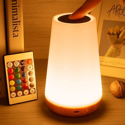 LED Night Light Bedside Lamp Touch and Remote Control Dimmable Tabletop 13 RGB Colors Changing 5 Brightness Adjustable Rechargeable Portable Lamp for Baby Kids Nursery Bedroom Bathroom Outdoor Camping