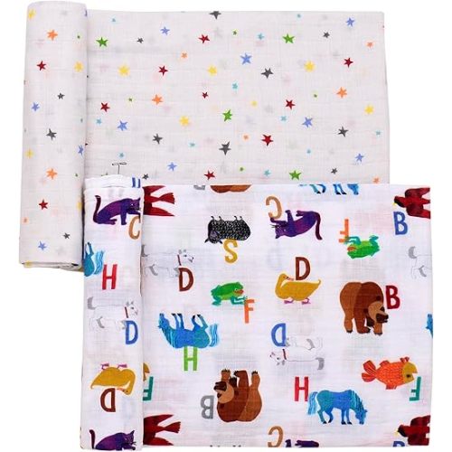 2 Pack Cotton Muslin Swaddle Blankets for Baby, 40" x 36", Lightweight, Breathable, (Brown Bear, What Do You See?) Multicolored