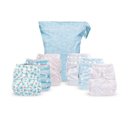 6ct Reusable Cloth Diapers, One Size Adjustable, Washable Soft Absorbent, Waterproof Cover, 4-Layers Microfiber Inserts (Whimsical) - Simple Being