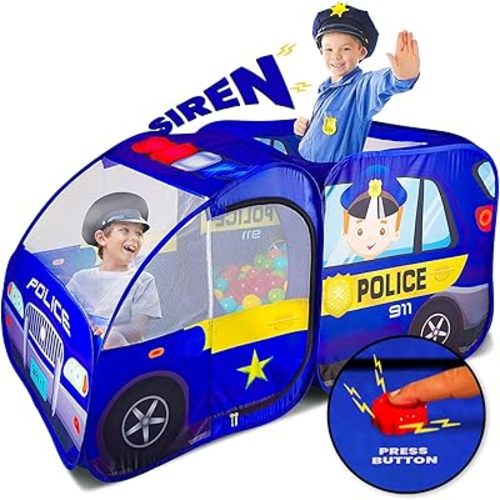 Police Car Pop Up Play Tent with Sound Button Playhouse for Interactive Fun - Foldable, Quick Setup.