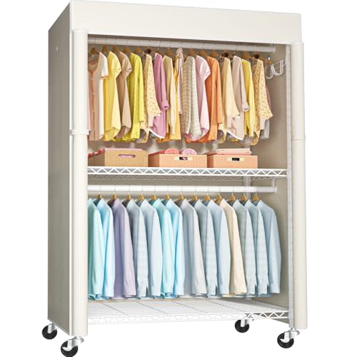 FUTASSI White Clothing Rack with Beige Cover, P1C Plus Rolling Closet with Wheels, Metal Garment Rack for Hanging Clothes, Clothing Storage Wardrobe, 46" W x 18.5" D x 80.7" H, Load 524 Pounds
