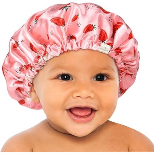 YANIBEST Baby Satin Bonnet Sleep Cap - Double Layer Reversible Adjustable Silky Satin Cap for Infant Toddler(6-36Months,Strawberry)