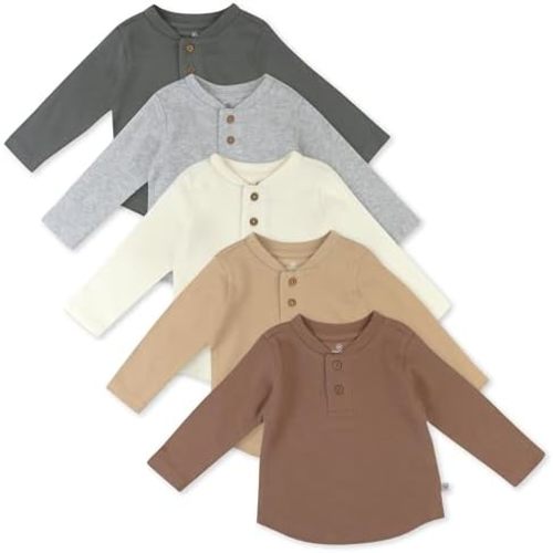 HonestBaby 5-Pack Waffle Henley Long Sleeve Shirts 100% Organic Cotton for Infant Baby and Toddler Boys, Unisex