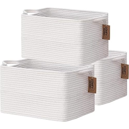 COMFY-HOMI 3PACK Cotton Rope Square Basket with Handles for Shelves|Dog Toy Basket Bin and Storage|Baby Basket for Gift|Shoe Basket for Organizing|13.5" x 11" x 9.5" for Living Room（All White）