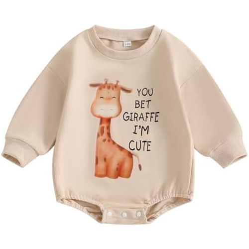 Canis Newborn Baby Boys Girls You Bet Giraffe I'm Cute Long Sleeve Sweatshirt Romper Infant Giraffe Oversized Bodysuit