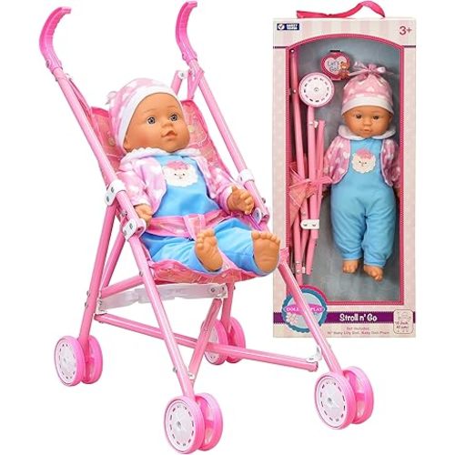My First Baby Doll Stroller, Soft Body 16 Inch Baby Doll Included Fun Play Combo Set for Babies Infants Toddlers Girls Kids