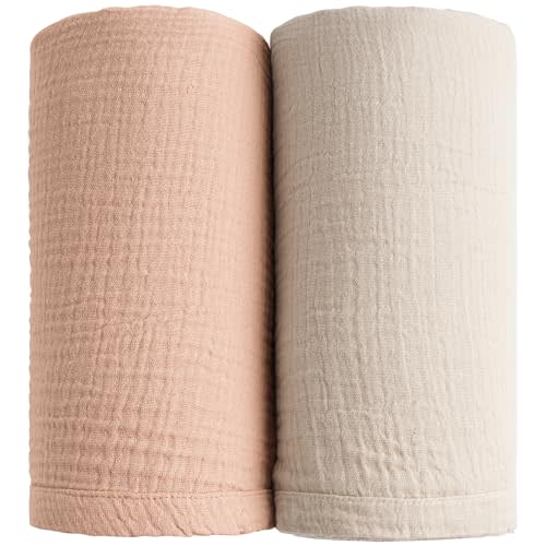 Konssy 2 Pack Muslin Swaddle Blankets, 100% Cotton Receiving Blanket Large 47 x 47 inches for Baby Boys Girls, Soft Breathable Muslin Baby Blanket for Newborn (Peach, Cream)