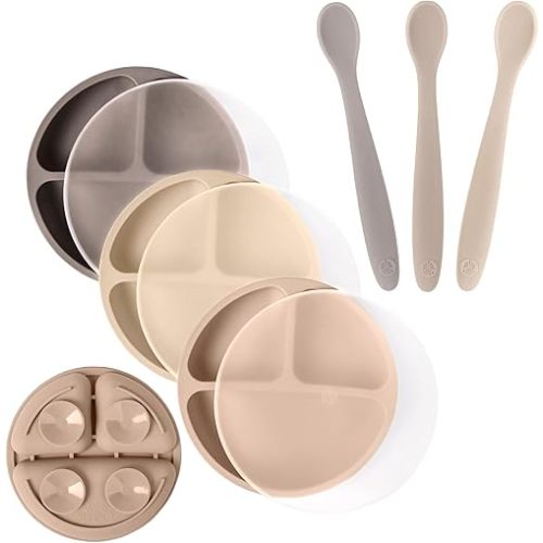 WeeSprout 3 Suction Plates with Lids & 3 Soft-Tip Spoons Bundle - Complete Mealtime Set - Silicone Baby Dinnerware - Divided Toddler Plates - Microwave & Dishwasher Safe