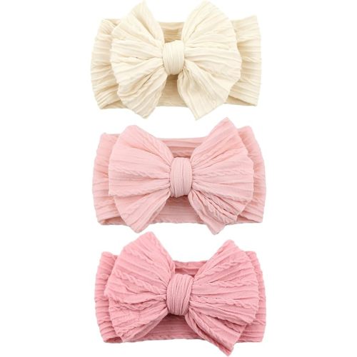 3 Pcs Valentines Baby Bows Headbands Soft Nylon Hairbands Super Elastic Headband Hair Accessories For Baby Girls Infant Toddler Essentials (Pink Beige Blush, Mid)