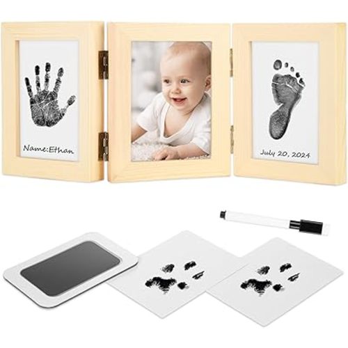Baby Handprint and Footprint Kit - Inkless Hand and Footprint Maker, Gifts for New Parents, Baby Picture Newborn Keepsake Wooden Frame, New Mom Baby Shower Gifts for Boys & Girls (Brown)