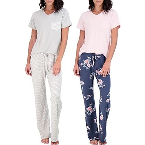 Real Essentials 2 Pack: Women’s Pajama Set Super-Soft Short & Long Sleeve Top With Pants (Available In Plus Size)