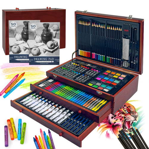 KINSPORY 175 pack Deluxe Wooden Case Drawing Painting Kit, Art Set and Crafts Gift Box with 24 Acrylic Paint for Artist Adults Beginners Kids (Brown)