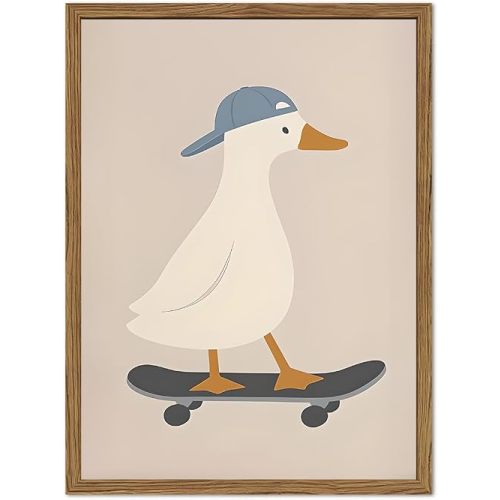 Cute Goose Wall Art Funny Silly Goose Skateboard Wall Decor Painting Whimsical Duck Poster Canvas Print Picture for Living Room Bedroom 12x16 inch Wood Framed
