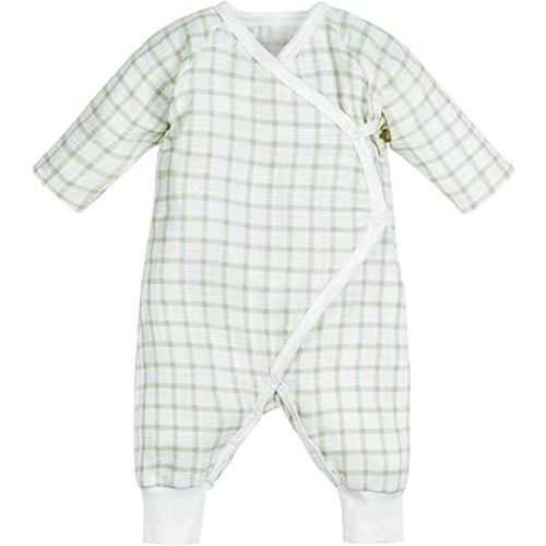 Under The Nile Organic Cotton Muslin Side Snap Kimono - Sage Windowpane, 3 to 6 Months