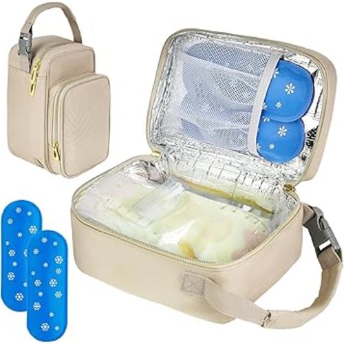 Breastmilk Cooler Travel Bag with Ice Pack,Portable Breastmilk Cooler Bag with Buckle Handle,Insulated Breastmilk Storage Bag Cooler,Apricot
